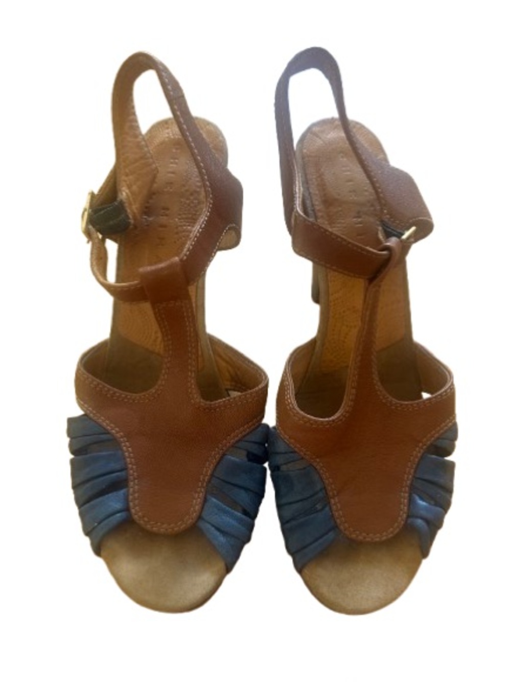 Chie Mihara blue and brown leather platform sandals